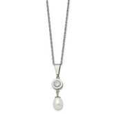 Chisel Titanium Polished with CZ and Freshwater Cultured Pearl 22 inch Necklace